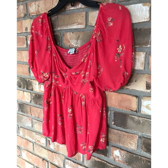 American Eagle Women’s Coral Floral Short Sleeve Top Size Small - Picture 6 of 6